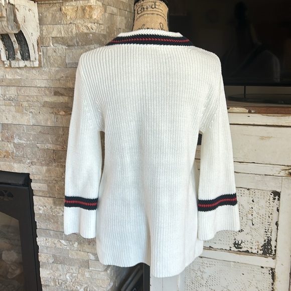 Cabi Ace pullover cream knit vneck sweater bell sleeve red blue stripe side slit - Picture 10 of 16